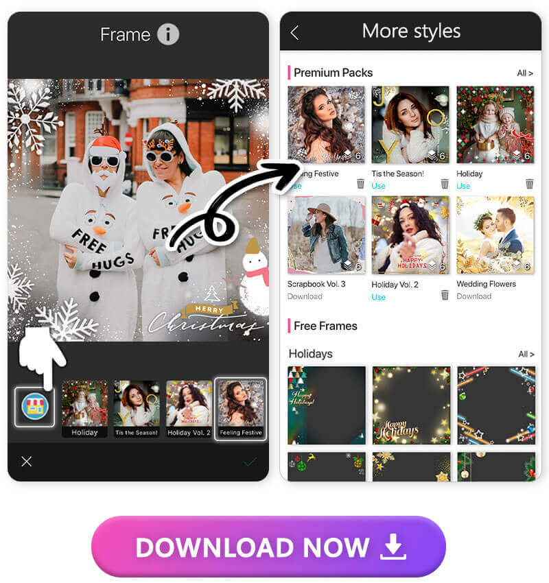 Navegue até a categoria de molduras de natal no app Tutorial mostrando como encontrar a categoria de molduras de natal no aplicativo.