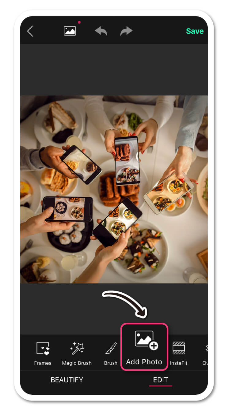 Eine Anleitung, wie man mit der 'Foto hinzufügen'-Funktion in YouCam Perfect eine Insta-Story erstellt.