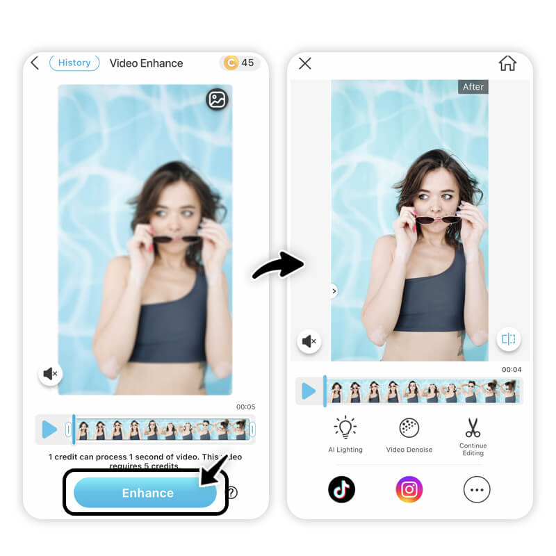 Record video on iPhone and enhance it instantly with Video Enhance. Boost resolution with Video Enhance to make the clip look sharper and cleaner.
