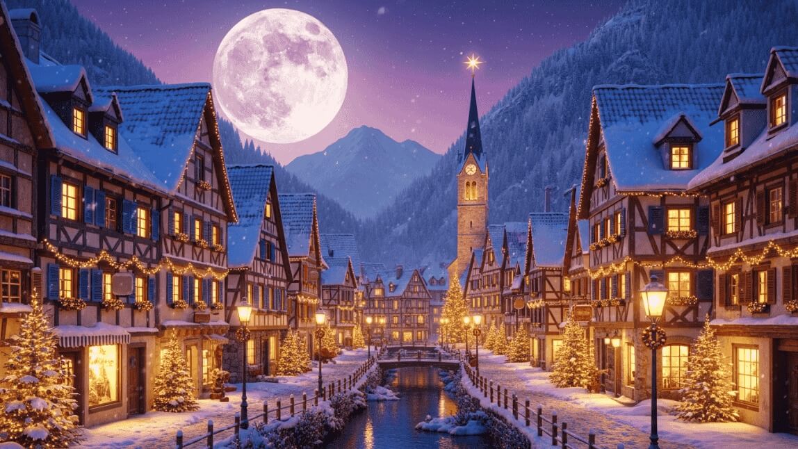 Paisagem de vila de Natal com neve, luzes festivas e lua cheia criada por gerador de imagem IA.