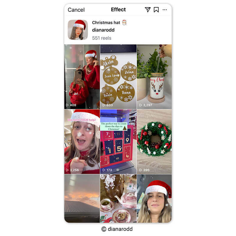 Filtro de Gorro de Papai Noel com neve caindo no Instagram