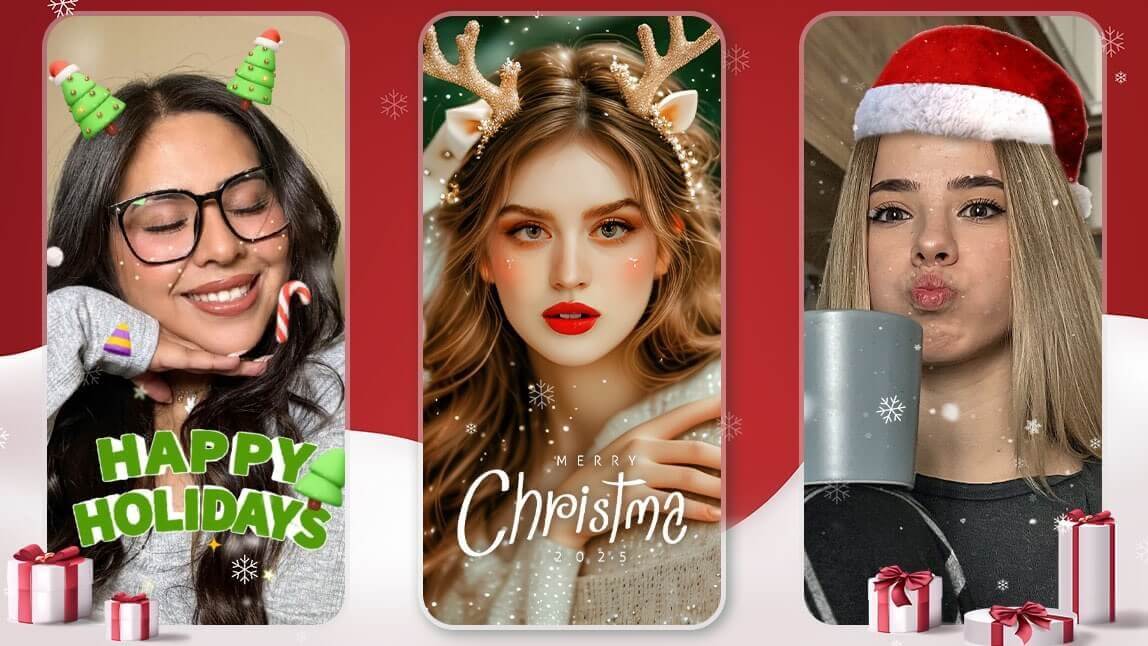 Três selfies com filtros de Natal para Instagram 2025: tiara de árvore, chifres de rena dourados e gorro de Papai Noel com efeito de neve.