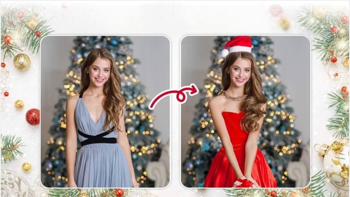 Edição de foto antes e depois: mulher transformada com roupa de Mamãe Noel e chapéu de Natal usando editor IA
