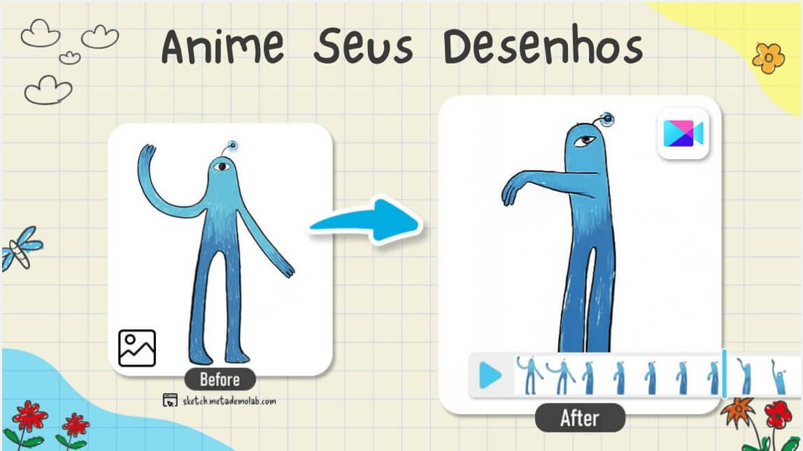 Comparação antes e depois mostrando como animar desenhos de personagens usando ferramentas de IA como o Sketch Metademolab.