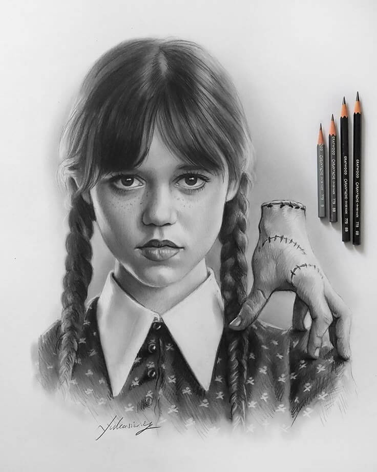 This may contain: a pencil drawing of a girl with long braids and holding a hand in front of her face