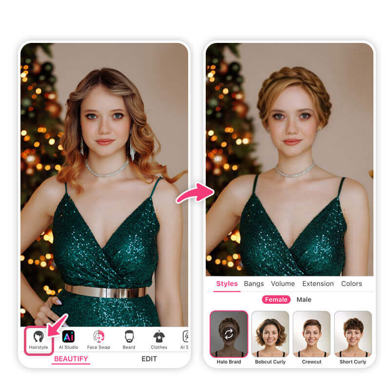 Weihnachtsfrisuren werden mit YouCam Makeup virtuell getestet.