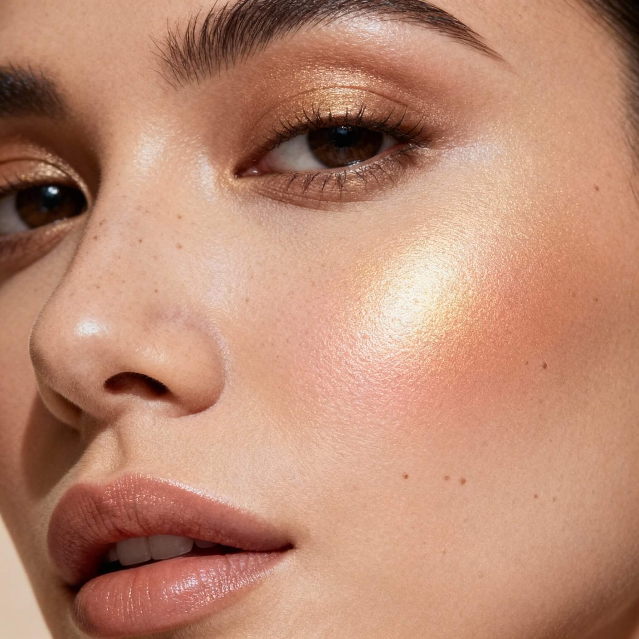 Correct cheek highlight placement enhances definition without emphasizing pores. Correct cheek highlight placement enhances definition without emphasizing pores.