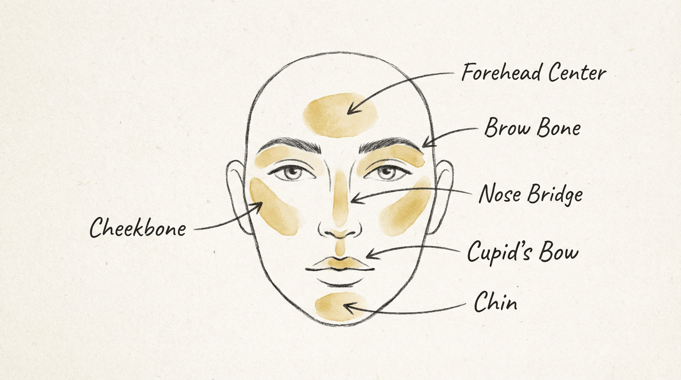 A full face diagram showing highlight zones A full face diagram showing highlight zones