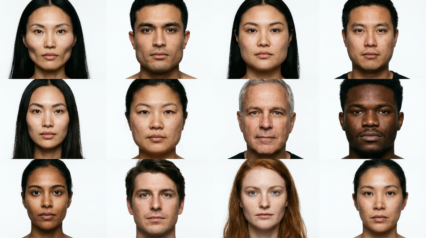 Examples of common wide-face proportions, including wide cheekbones and broader mid-face structure. Examples of common wide-face proportions, including wide cheekbones and broader mid-face structure.