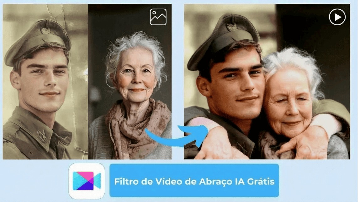 Filtro de vídeo de abraço IA grátis transformando fotos em animação emotiva de abraço