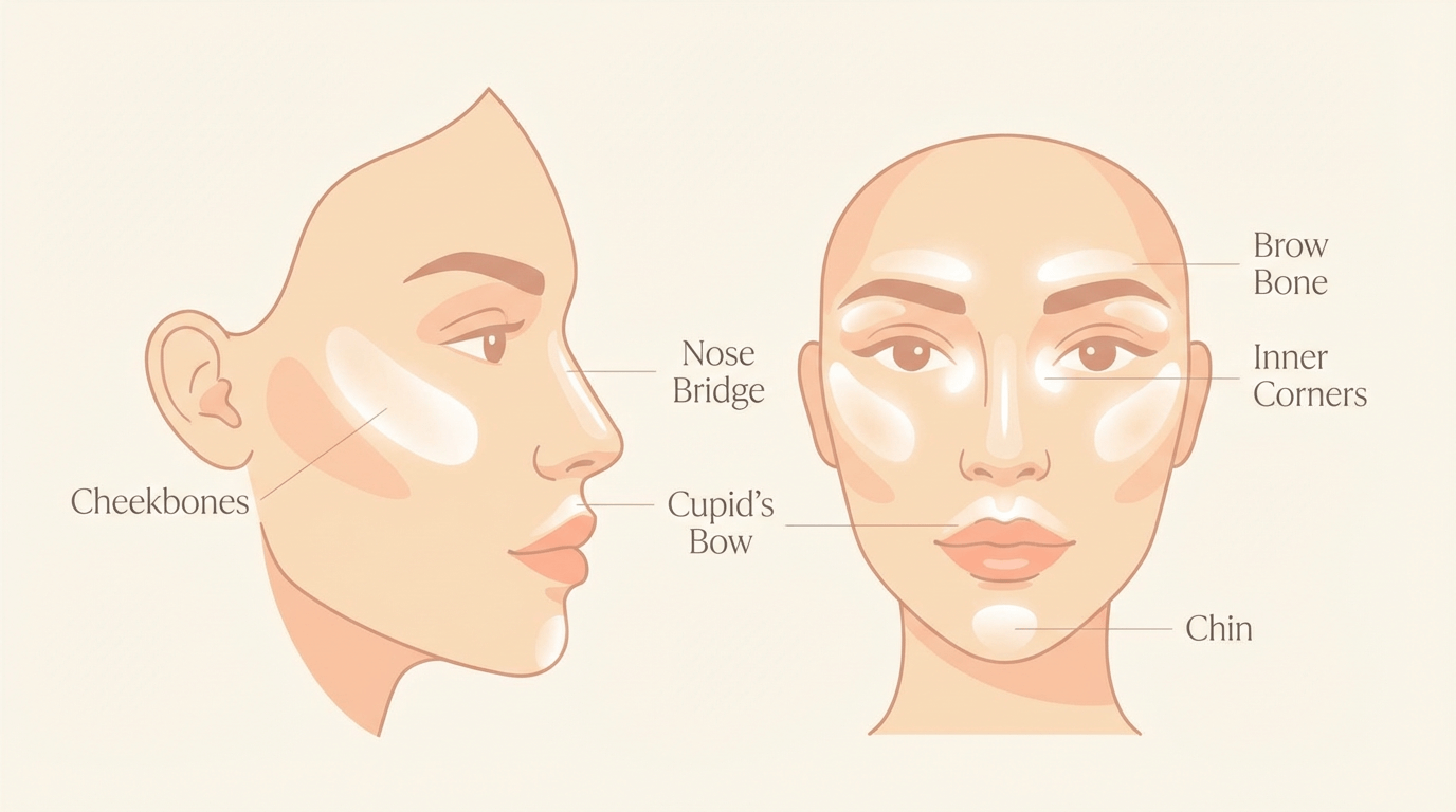 Common highlighter placement zones for a balanced glow. Common highlighter placement zones for a balanced glow.