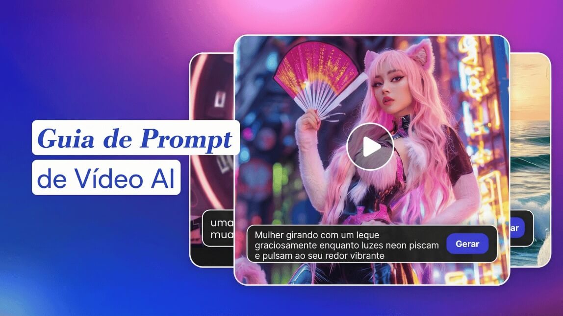 Capa do guia de prompts de vídeo IA exibindo exemplo de transformação de texto em vídeo de uma mulher estilo anime com luzes neon.