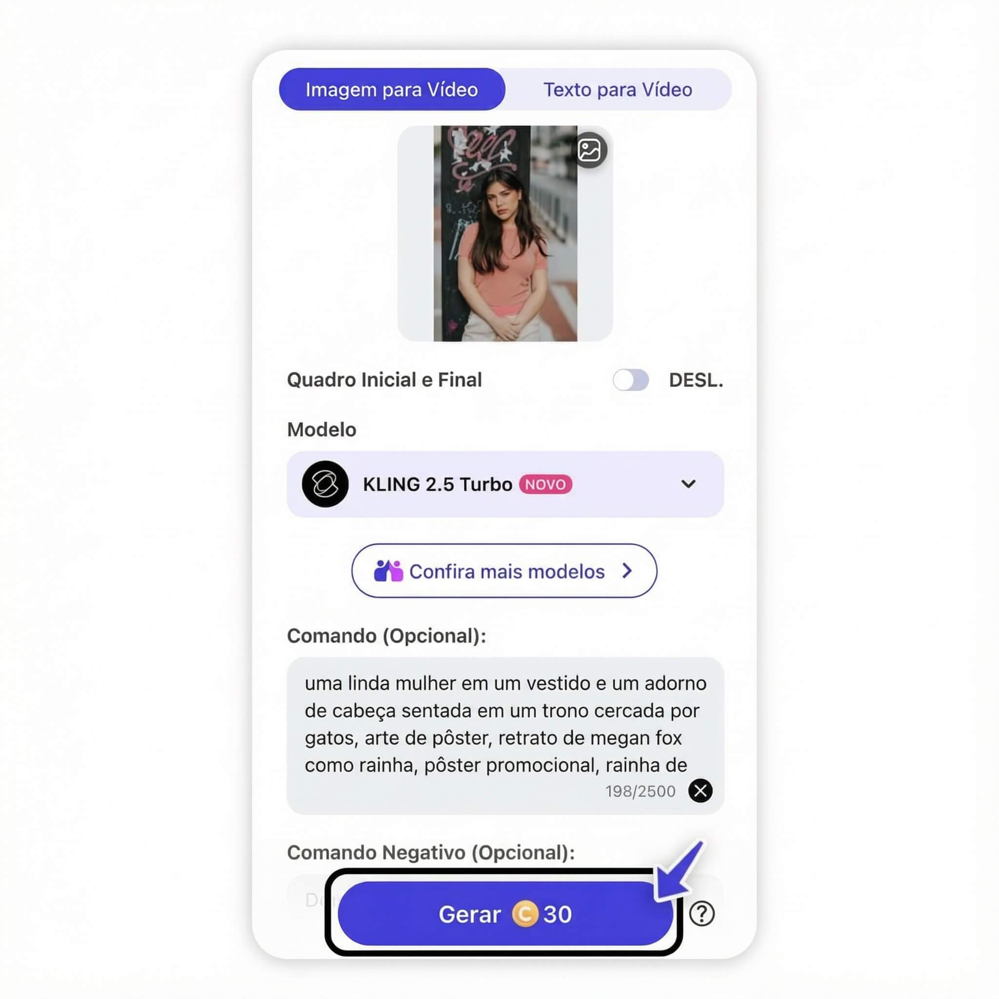 Tela de inserção de prompt de texto para vídeo no app YouCam AI Pro