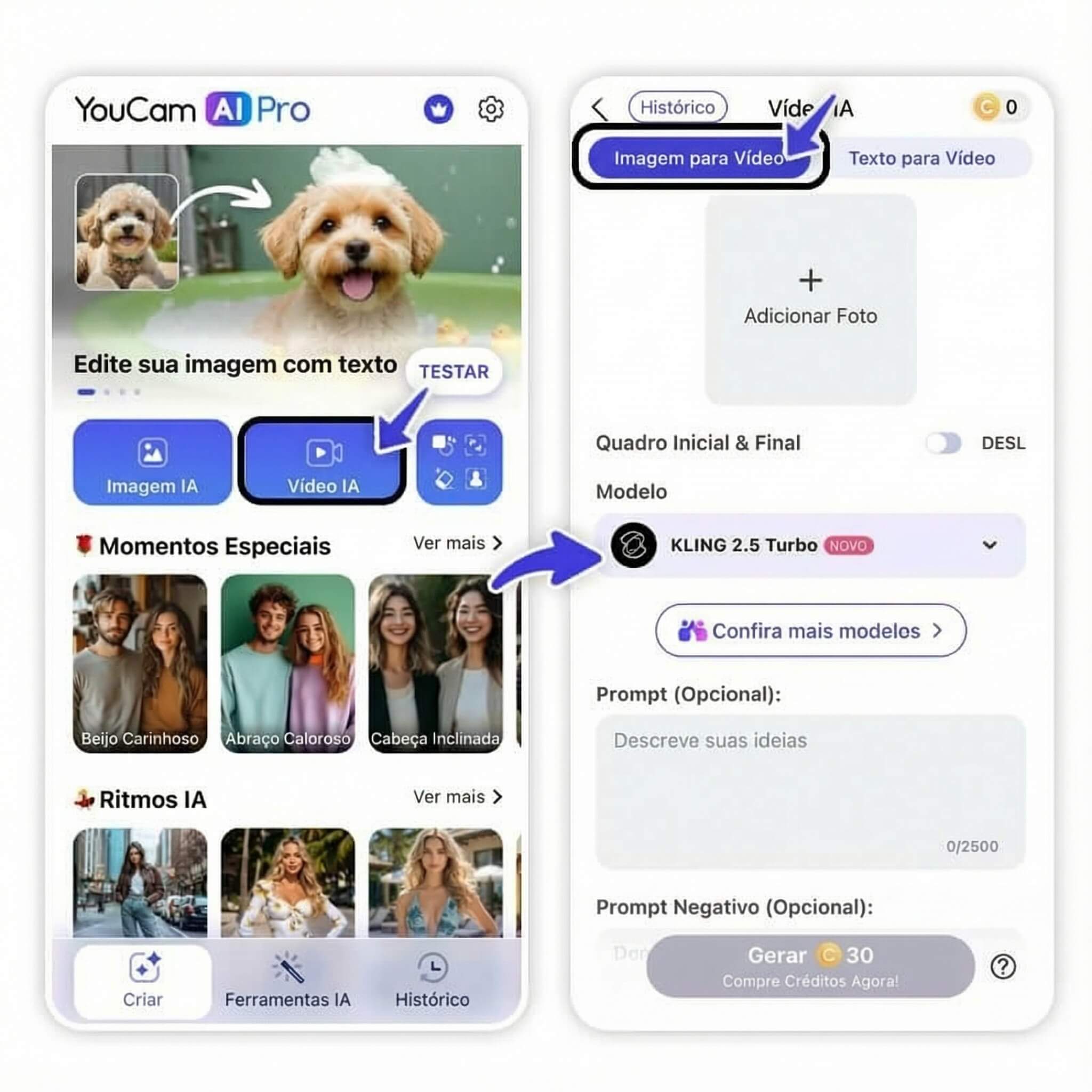 Interface do YouCam AI Pro selecionando a função Vídeo IA