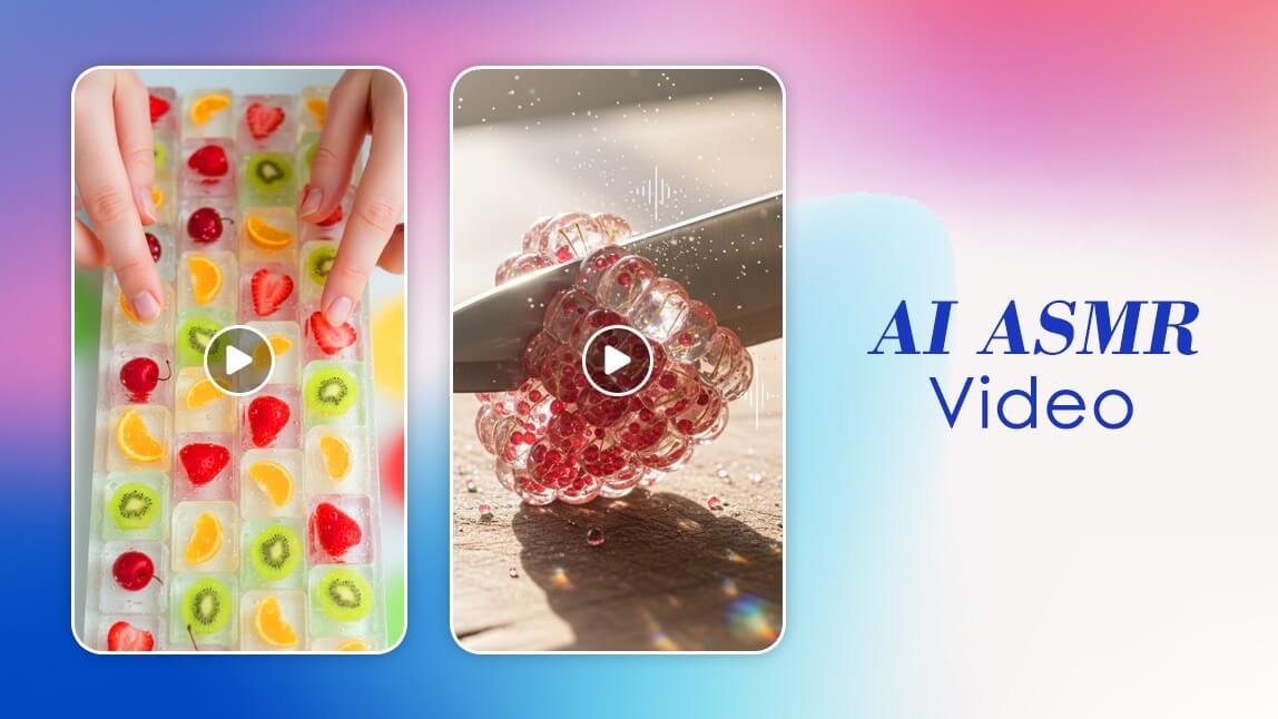 Colagem de vídeos satisfatórios de ASMR com IA mostrando corte de frutas em cubos de gelo e corte de vidro com faca.