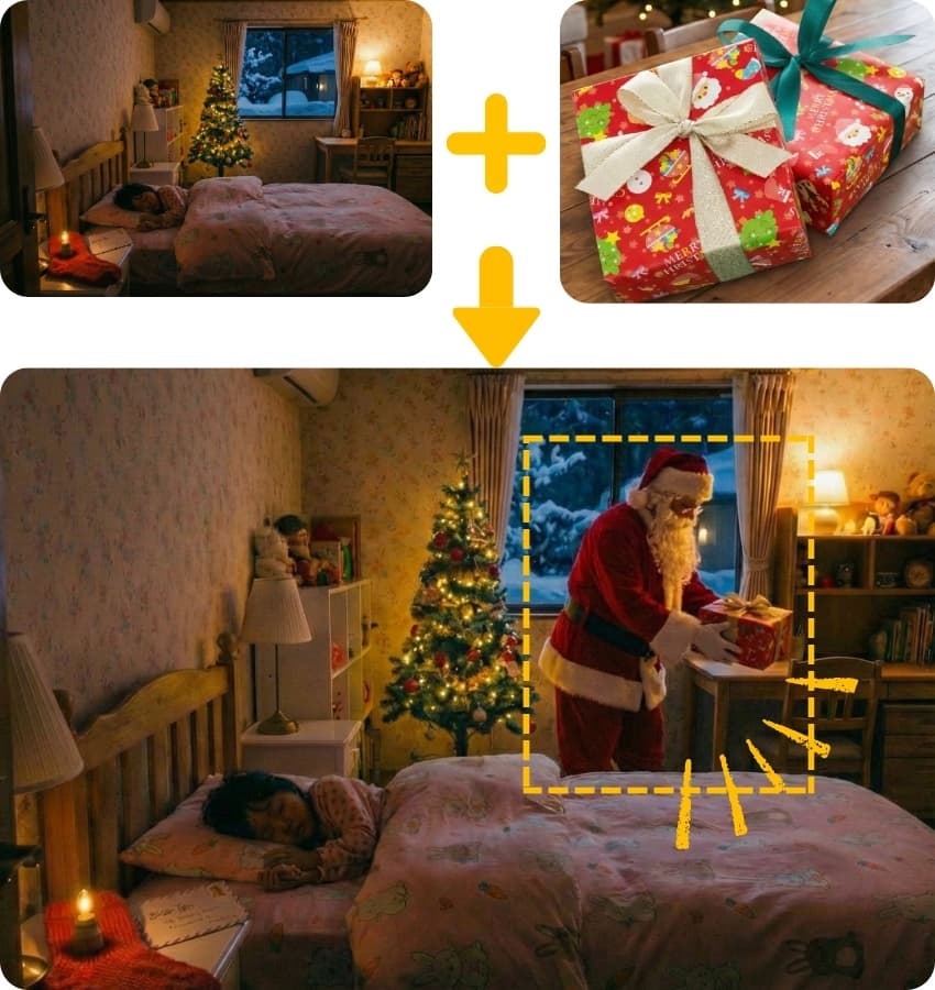 子供部屋の写真に合成したプレゼントを運ぶサンタ