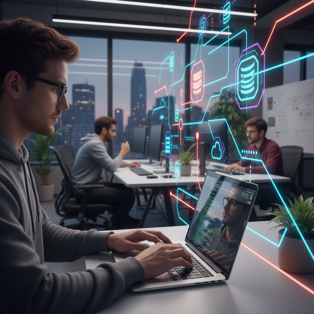 Visualizing the technical integration of AI solutions via APIs, developer-focused