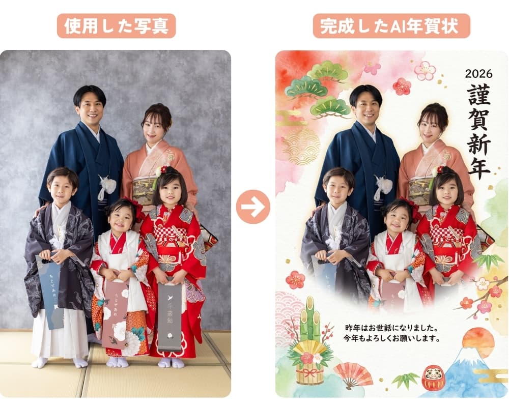 家族の写真を使ってAIで生成した年賀状