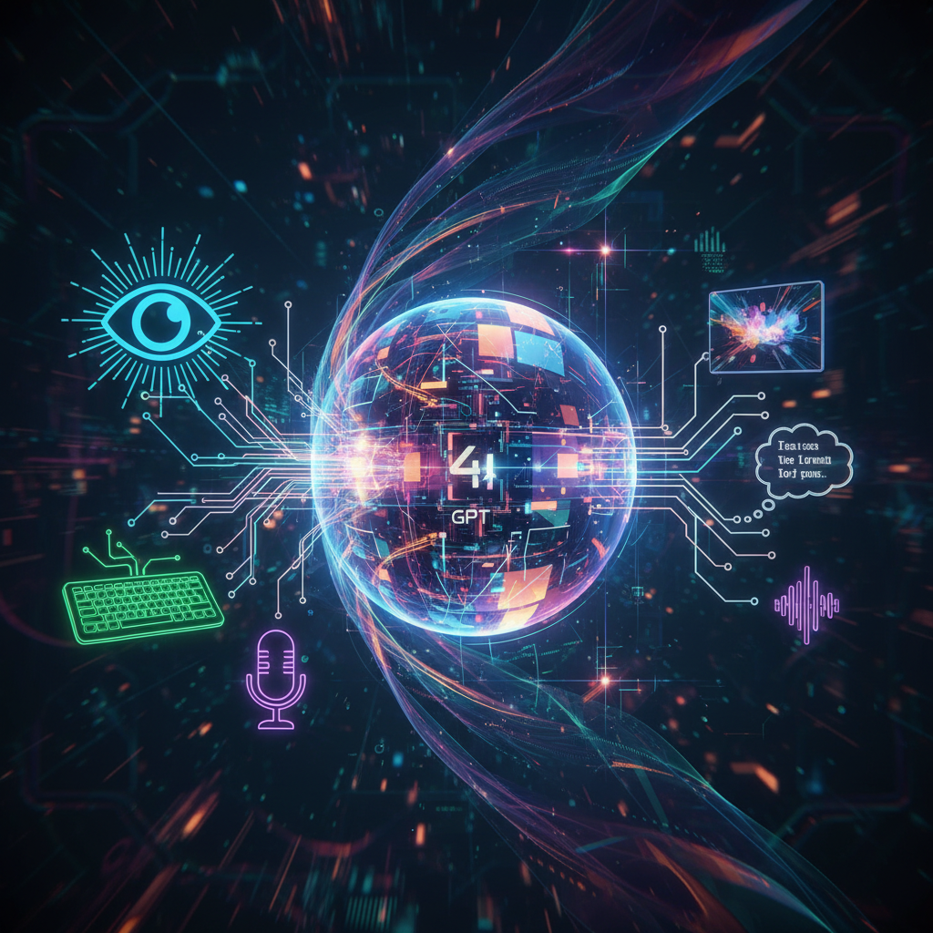 A clear, artistic representation of AI processing multiple types of data (text, image) simultaneously.