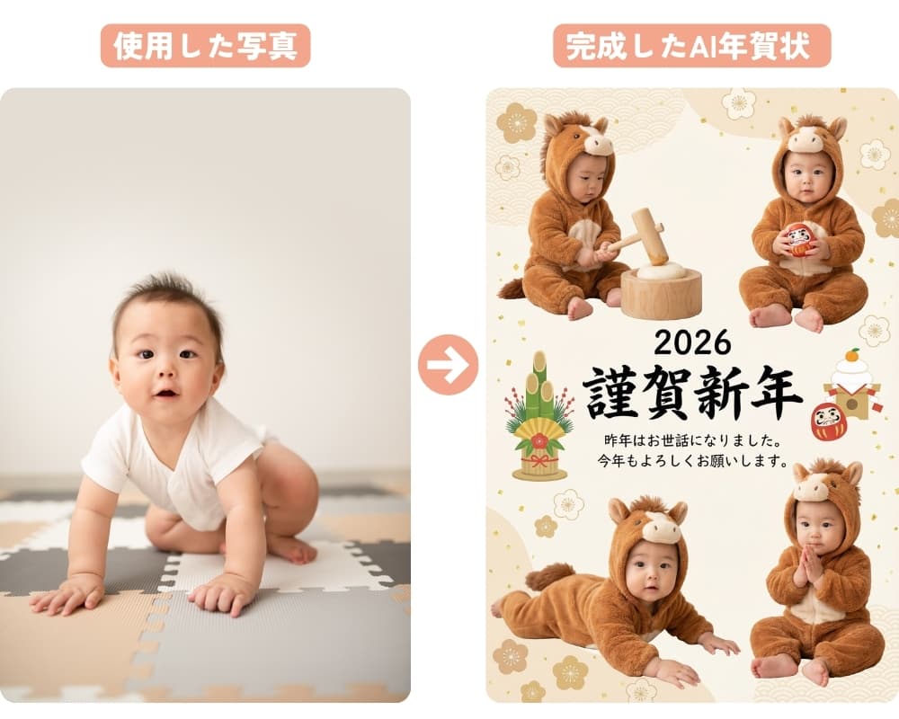 子供の写真を使ってAIで生成した2026年年賀状