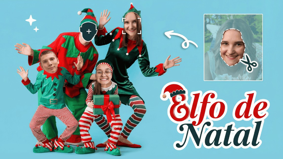 Família com rostos em corpos de elfo em montagem de Natal estilo Elf Yourself com demonstração de recorte de rosto no YouCam Perfect.