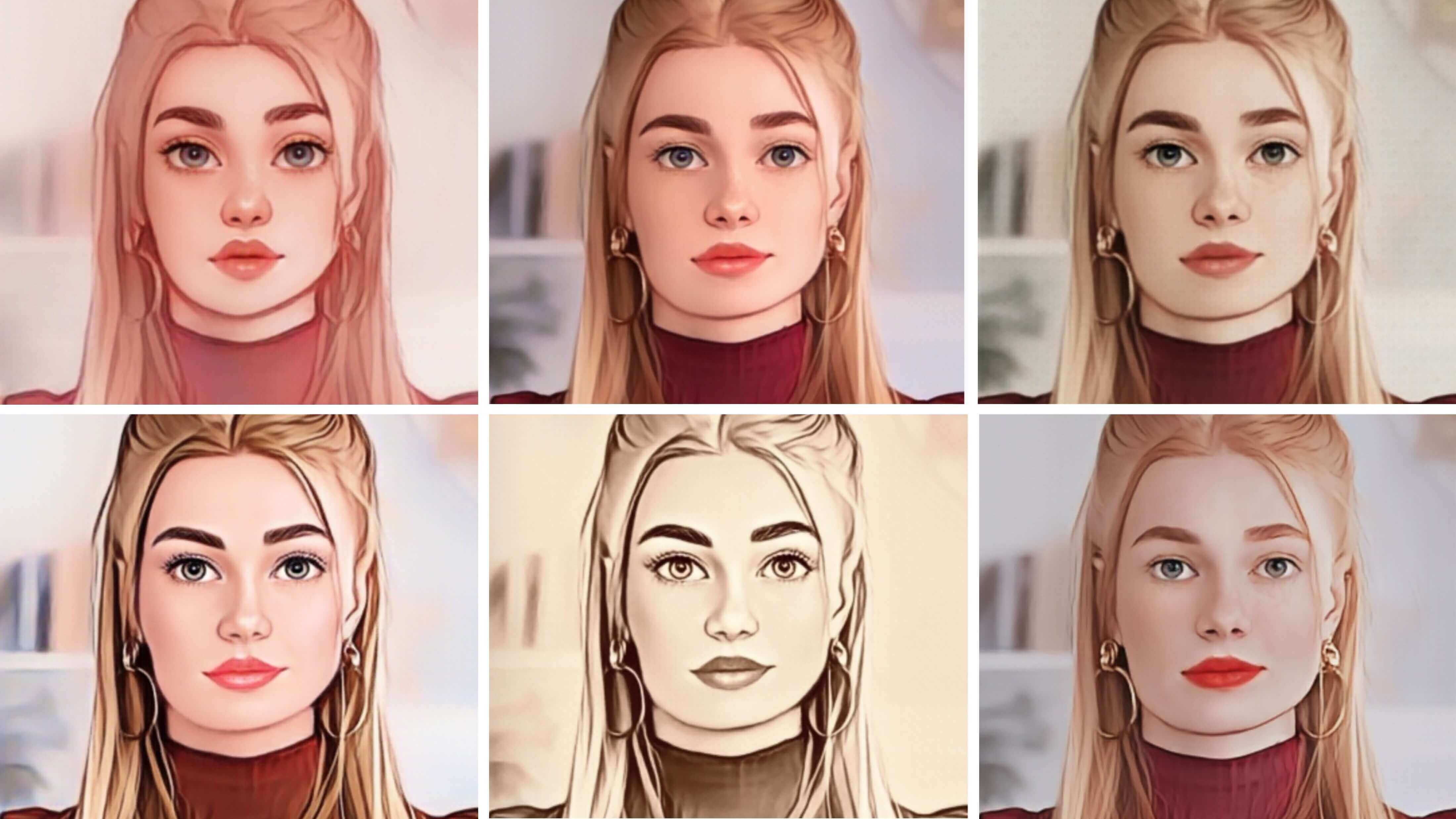 Collection of various popular cartoon filters available in the YouCam Video app for selfie videos and easy video cartoonizer options.