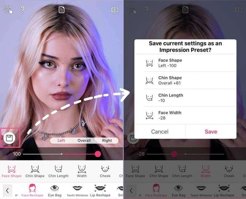Save face reshape settings in YouCam Makeup