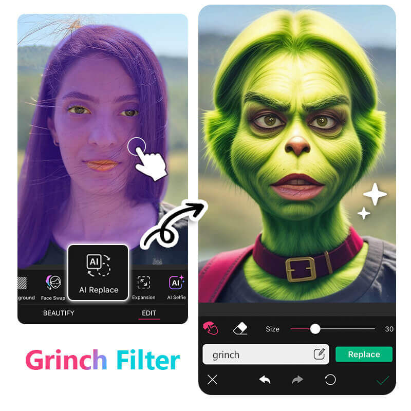 Grinch Filter mit Tool von YouCam Perfect