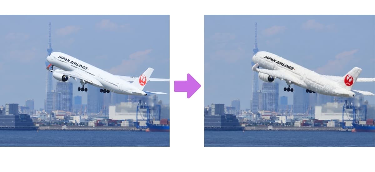 飛んでいる飛行機の写真をモフモフ加工