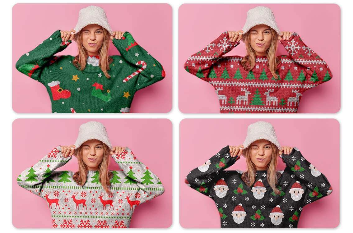 Frau mit Hut in verschiedenen Weihnachtspullis