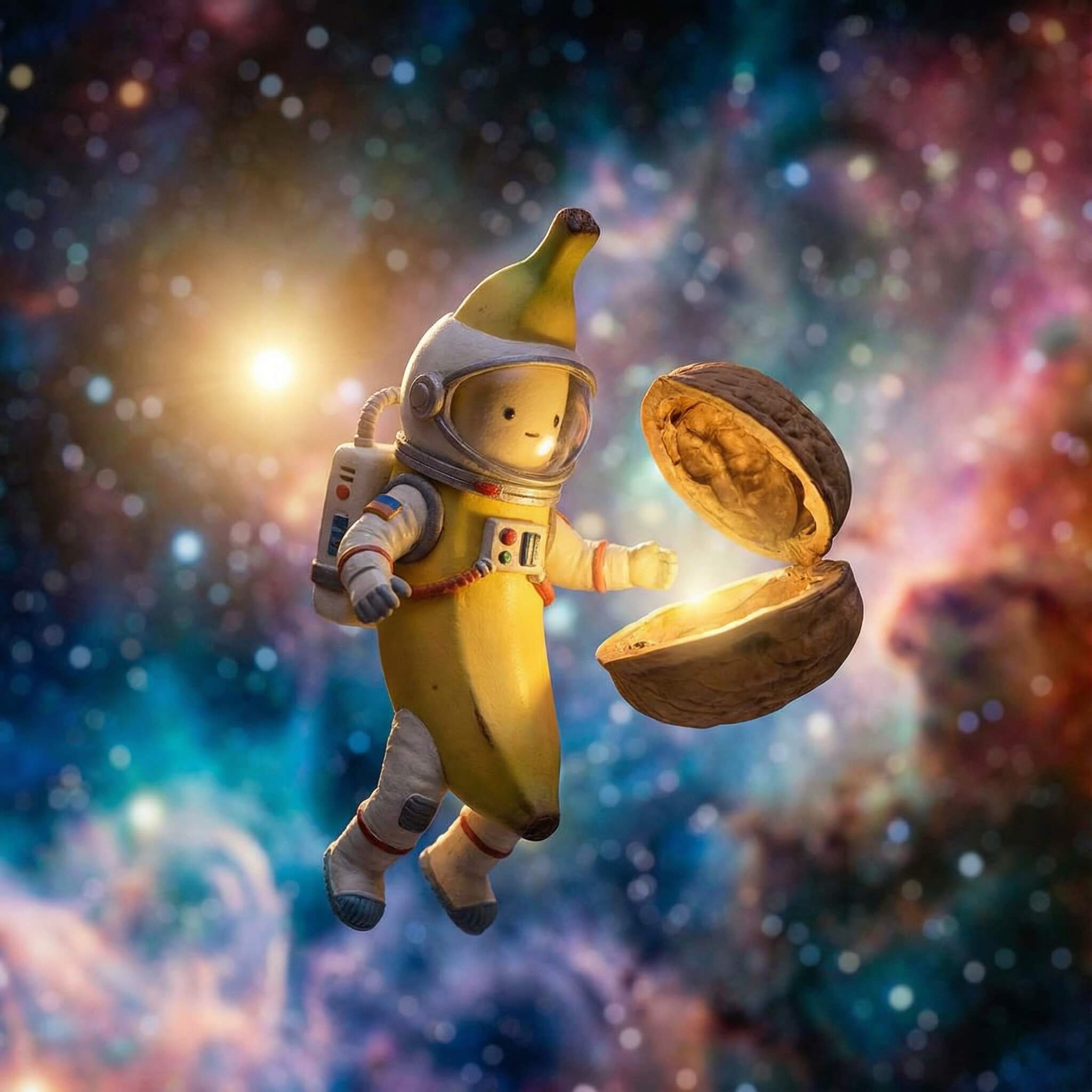 Piccolo astronauta a forma di banana che esplora lo spazio profondo, illuminazione cinematografica, adorabile estetica surreale.