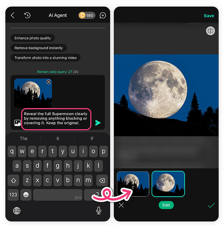 Enter a prompt, such as: “Reveal the full supermoon clearly and remove anything blocking it. Enhance the glow and make the sky look clean and detailed.” Enter a prompt, such as: “Reveal the full supermoon clearly and remove anything blocking it. Enhance the glow and make the sky look clean and detailed.”