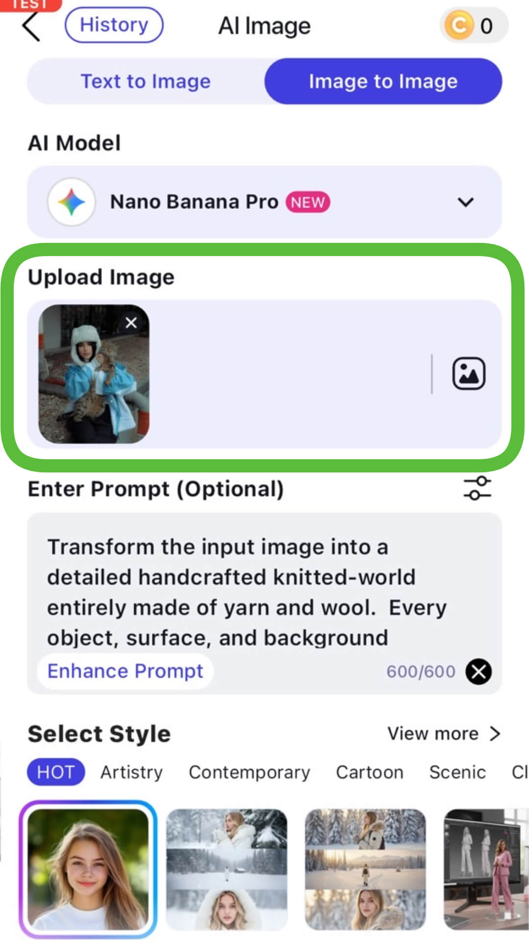 Fazendo upload de foto para transformar em tricô