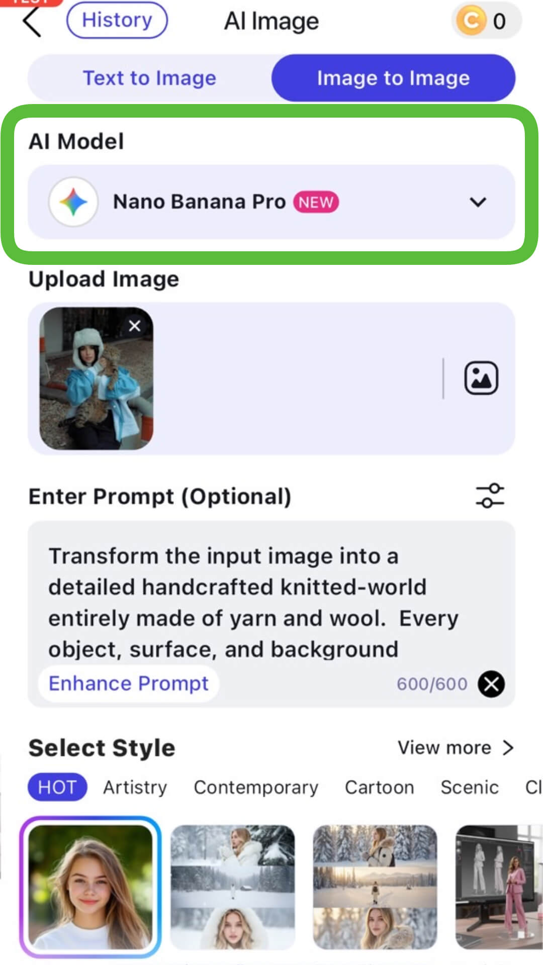Selecionando o modelo Seedream IA no app