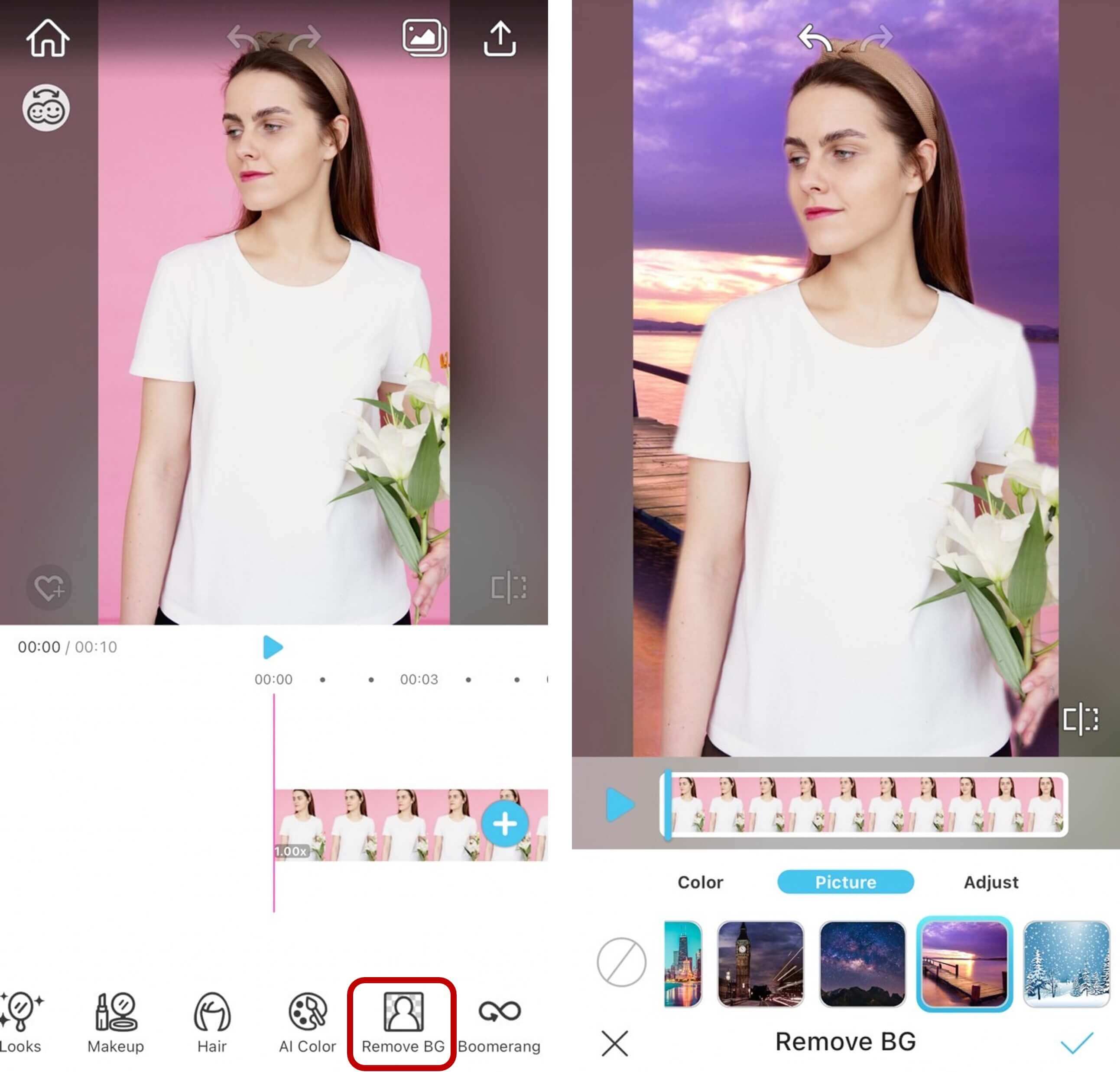 Step-by-step visual guide on how to add a green screen effect and change backgrounds in videos using the YouCam Video app.