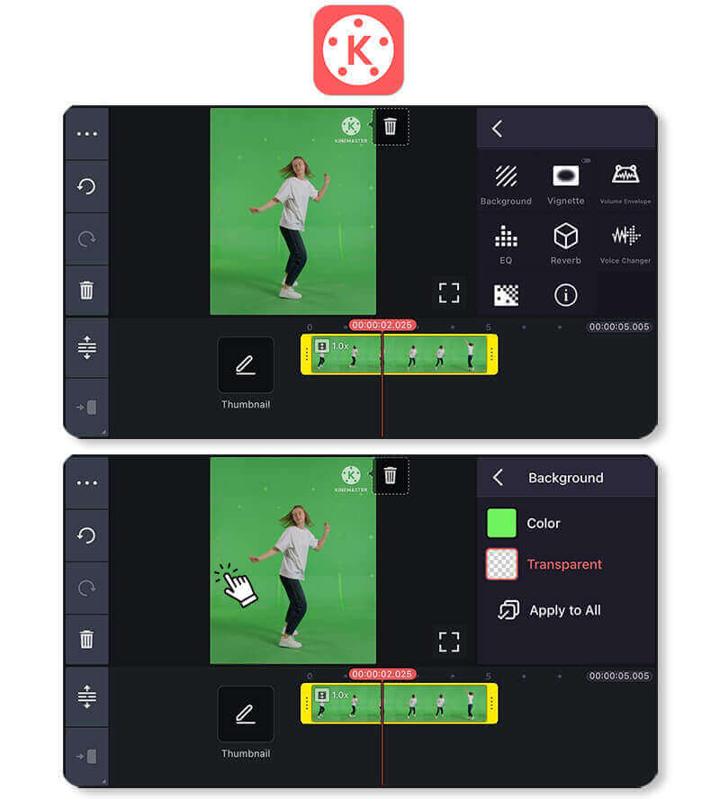 KineMaster green screen app being used as a background editor for videos, highlighting its layering capabilities.