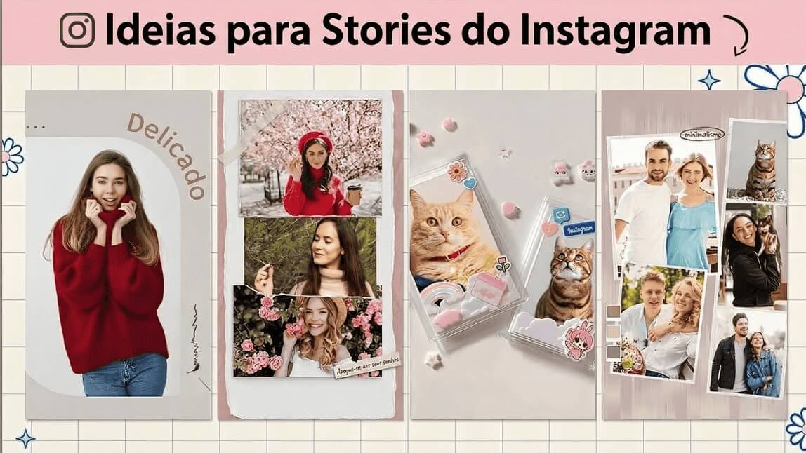 Banner com Ideias para Stories do Instagram mostrando exemplos de templates criativos, colagens de fotos e edições estéticas para aumentar o engajamento.