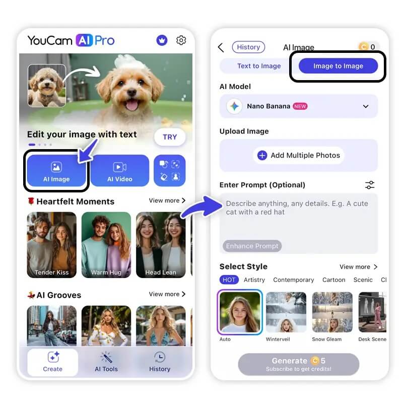 Recurso Imagem para Imagem no YouCam AI Pro