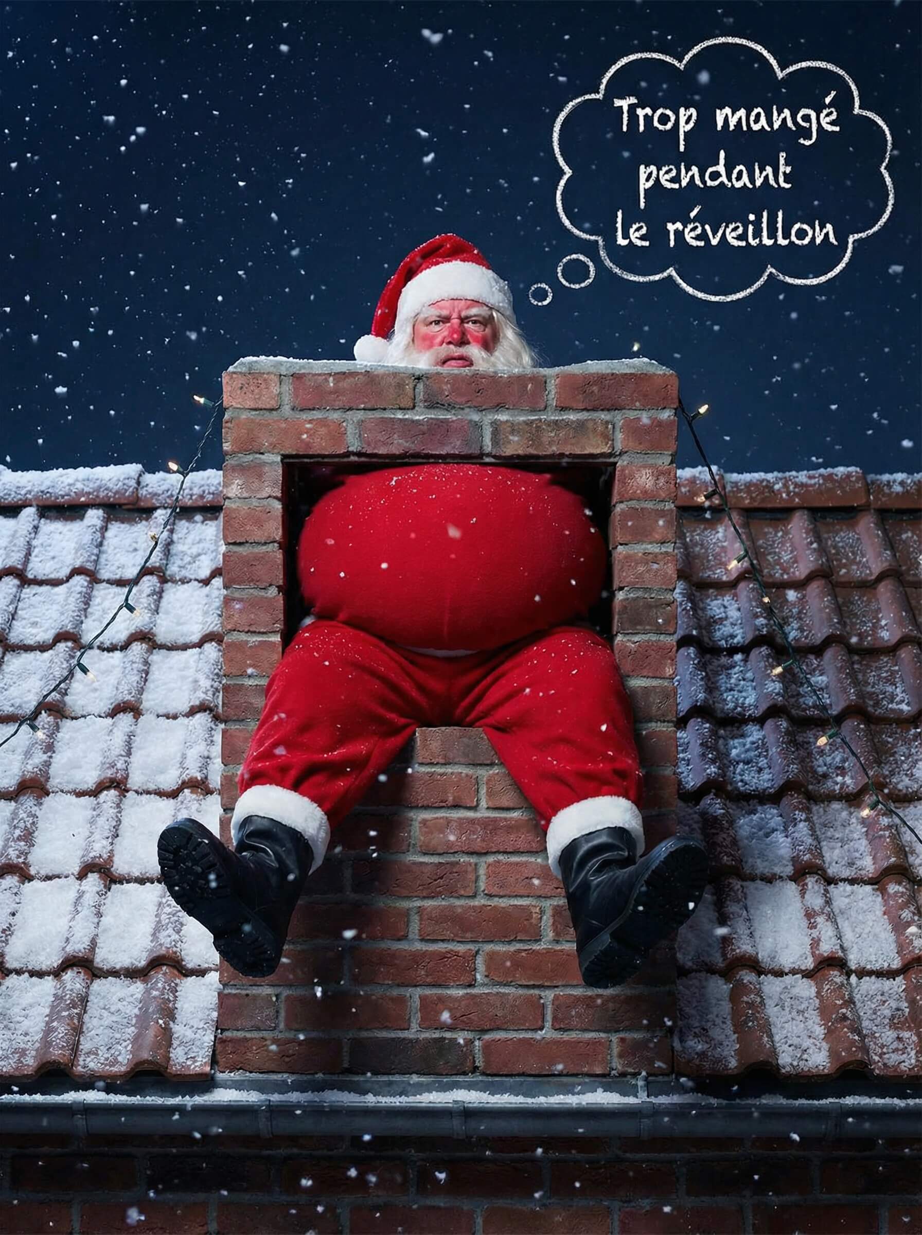 Meme Père Noël coincée cheminée
