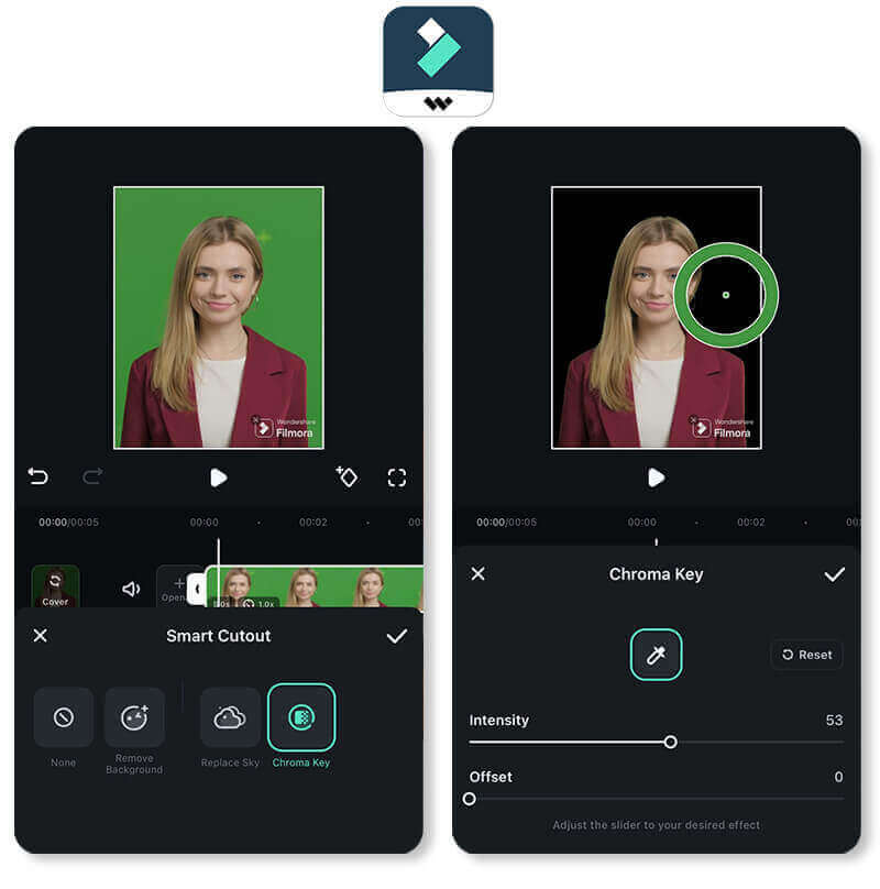 Filmora green screen editor app showcasing its versatile chroma key features and extensive effects library.