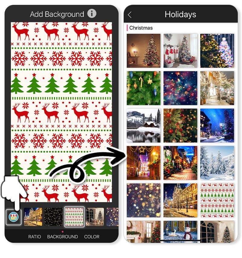 Hintergrundbild mit klassischem Weihnachtsmuster: Tannenbäume und Rentiere.