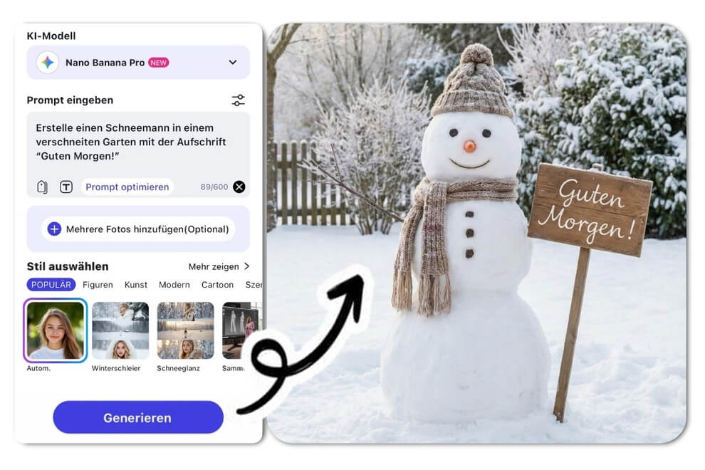 Schneemann in einem verschneiten Garten mit der Aufschrift "Guten Morgen", erstellt mit der YouCam AI Pro App.