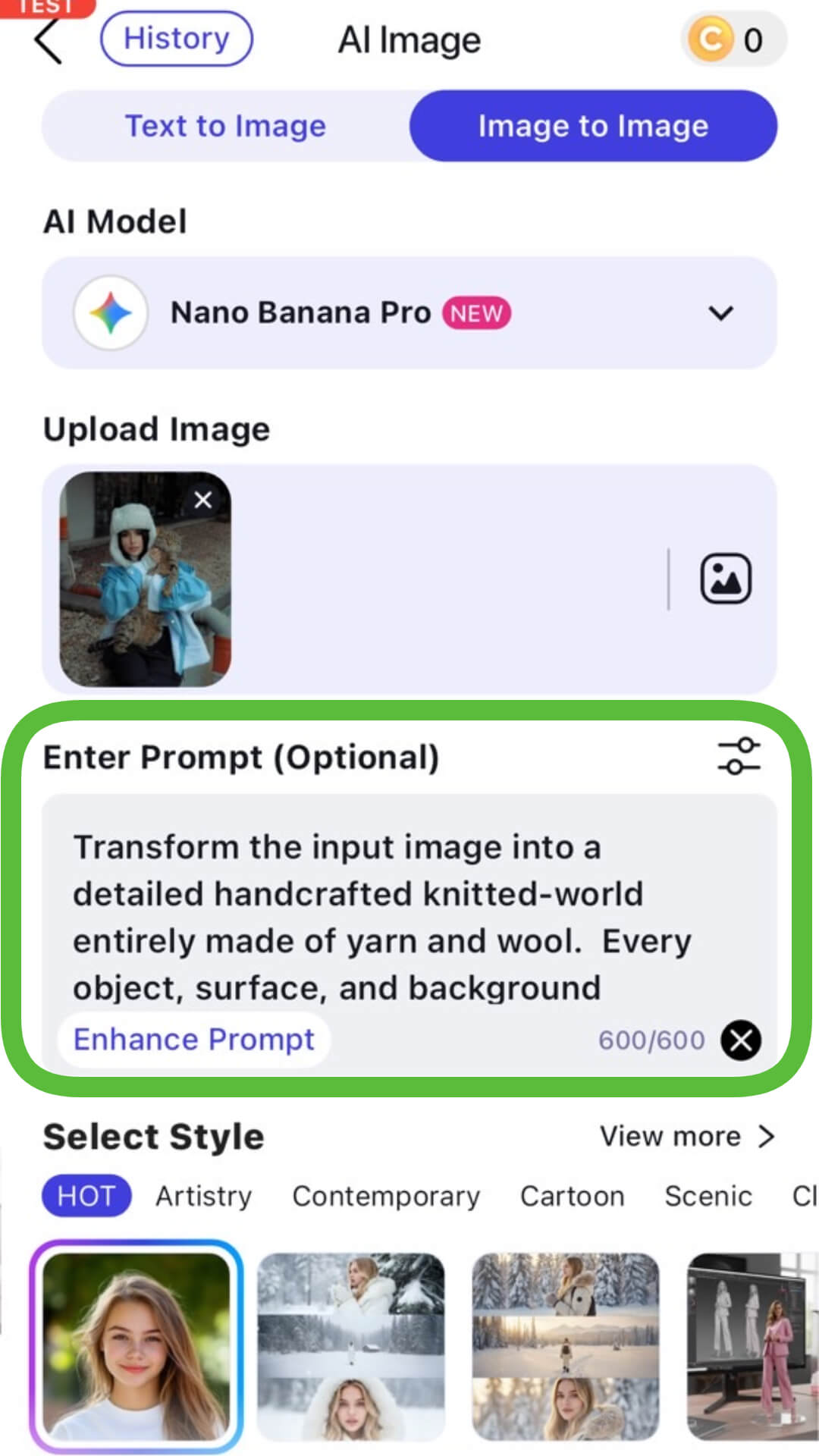 Digitando prompt de comando para imagem de tricô IA