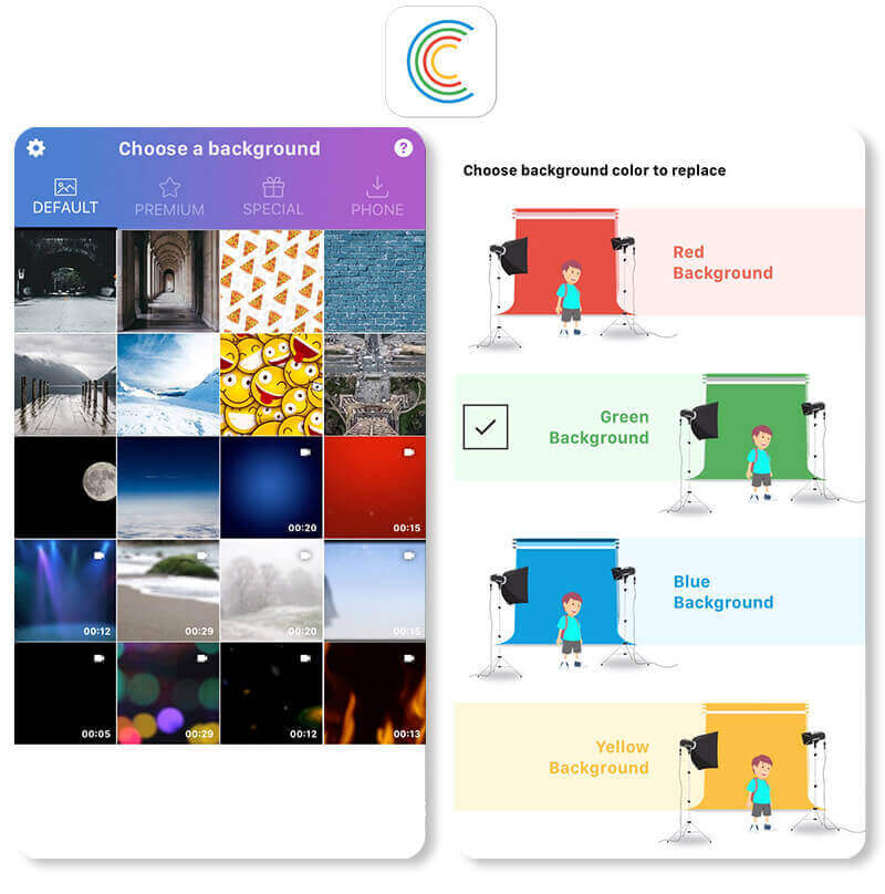 Chromavid green screen editing app interface, known for simple real-time background removal and recording.