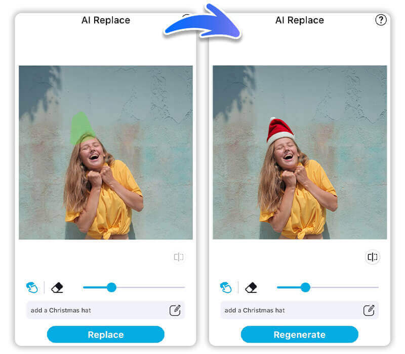 Mit KI-Ersetzen automatisch Weihnachtsmütze auf Fotos aufsetzen.