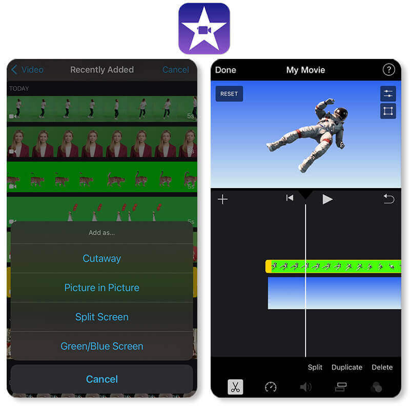 iMovie app for iPhone and Mac, a completely free green screen app with well-integrated features for Apple users.