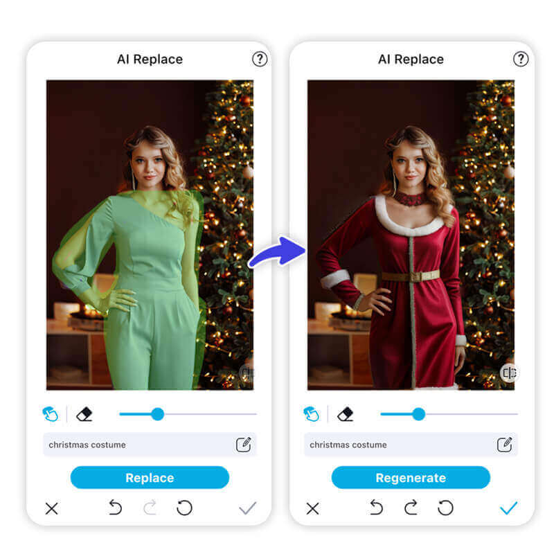 Eine Frau bekommt per KI ein Weihnachtsoutfit angezogen.