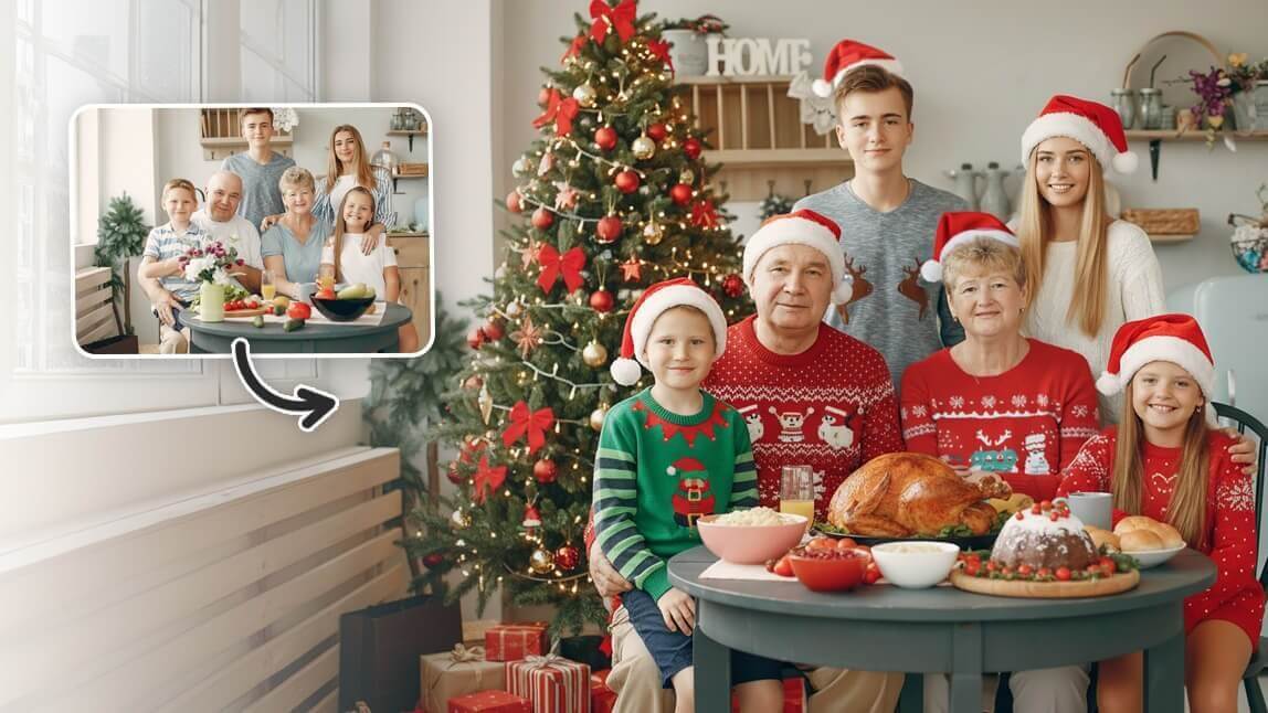 Antes e depois: IA transformando foto casual em ensaio de Natal em família com decoração e roupas temáticas.