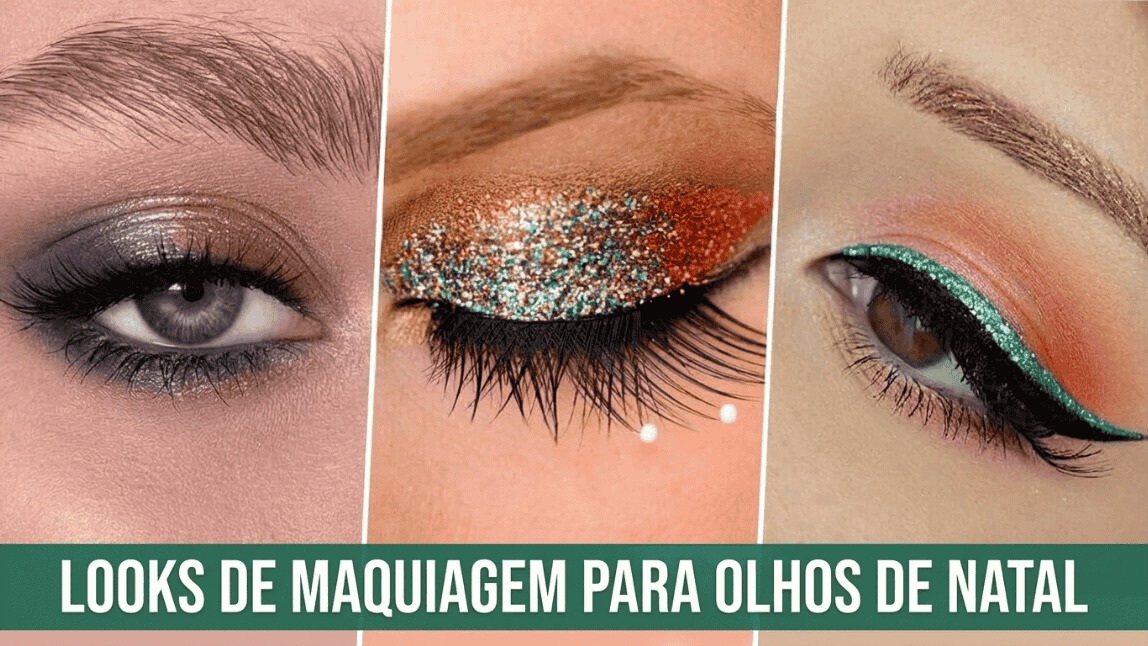 3 ideias de maquiagem de Natal para os olhos: sombra cintilante, glitter dourado e delineado verde