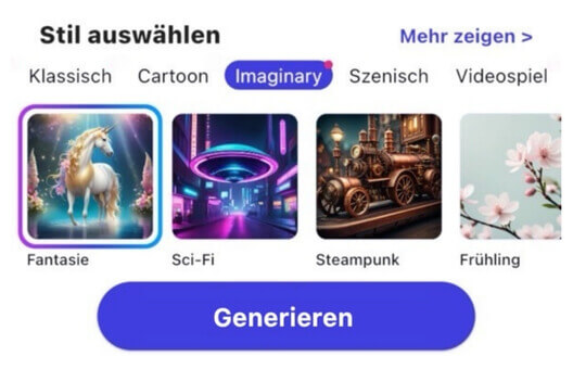 Auswahl verschiedener Bildstile in der YouCam AI Pro App.